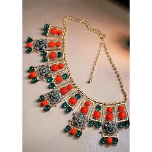 Vintage Joan Rivers Moroccan Revival Necklace: Red & Green Cabochons